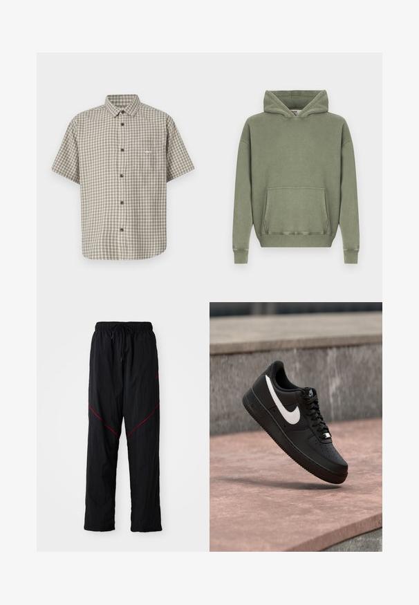Olijfgroene pullover hoodie met een voorste kangaroo zak, ribbelmanchetten en een ontspannen pasvorm.; Korte mouwen overhemd met knopen in een lichtgroen en beige geruit patroon. Bevat een borstzak met 'obey' logo en zwarte knopen.; Zwarte sportbroek met een gestructureerde afwerking, voorzien van een trekkoord in de taille, rode accentlijnen en een losse pasvorm.; Zwarte Nike Air Force 1 sneaker met wit swoosh-logo zwevend boven een stenen oppervlak en een grijze, getextureerde muur op de achtergrond.