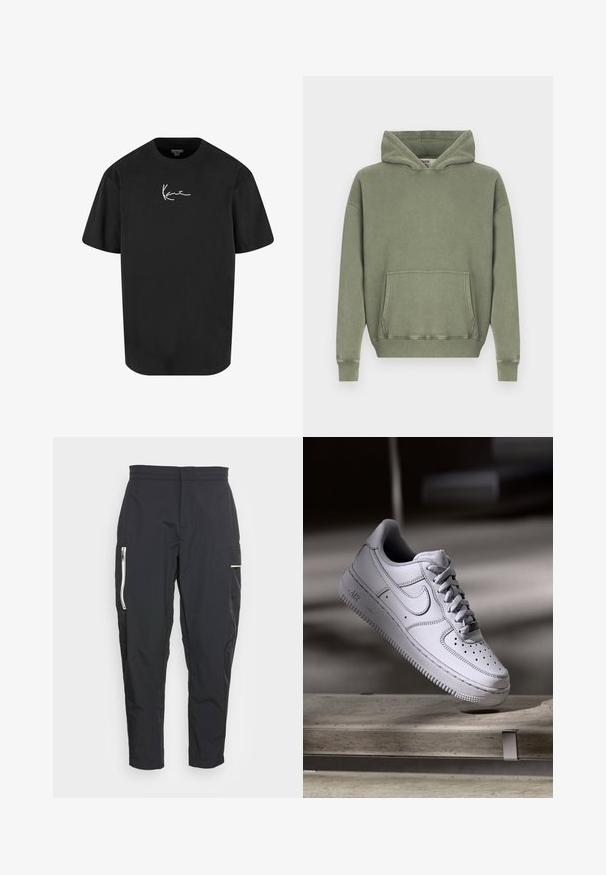 Olivgrüner Pullover-Hoodie mit einer vorderen Kängurutasche, gerippten Bündchen und einer entspannten Passform.; Schwarzes Baumwoll-T-Shirt mit kurzen Ärmeln, Rundhalsausschnitt und einem weißen Signaturlogo, das auf der Vorderseite gedruckt ist. Glatte Textur und lässige Passform.; Schwarze cargo Hosen aus leichtem Stoff. Zu den Merkmalen gehören Reißverschlusstaschen an der Seite und ein strukturiertes Akzentmaterial am Oberschenkel. Figurbetonter Schnitt.; Weißer Nike Air Force 1 Sneaker aus Leder mit perforierter Zehenpartie, flachen Schnürsenkeln und strukturierter Gummisohle mit "AIR"-Branding an der Seite.