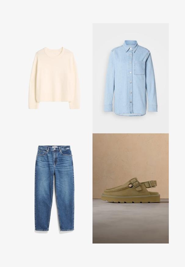 Roomkleurige lange mouw gebreide trui met geribde manchetten, zoom en ronde halslijn, plat weergegeven op een witte achtergrond.; Lichtblauwe denim shirt met een knoopsluiting aan de voorkant, puntige kraag, één borstzak en lange mouwen met knoopmanchetten.; Blauwe denim jeans met een rechte pijpdesign, vijf zakken en subtiele vervaging. Heeft een knoopsluiting en contrasterende stiksels.; Tanleren instapsandaal met dubbele gespen, dikke rubberen zool en zichtbare stiksels op een beige gestructureerd tapijt bij een houten tafel.