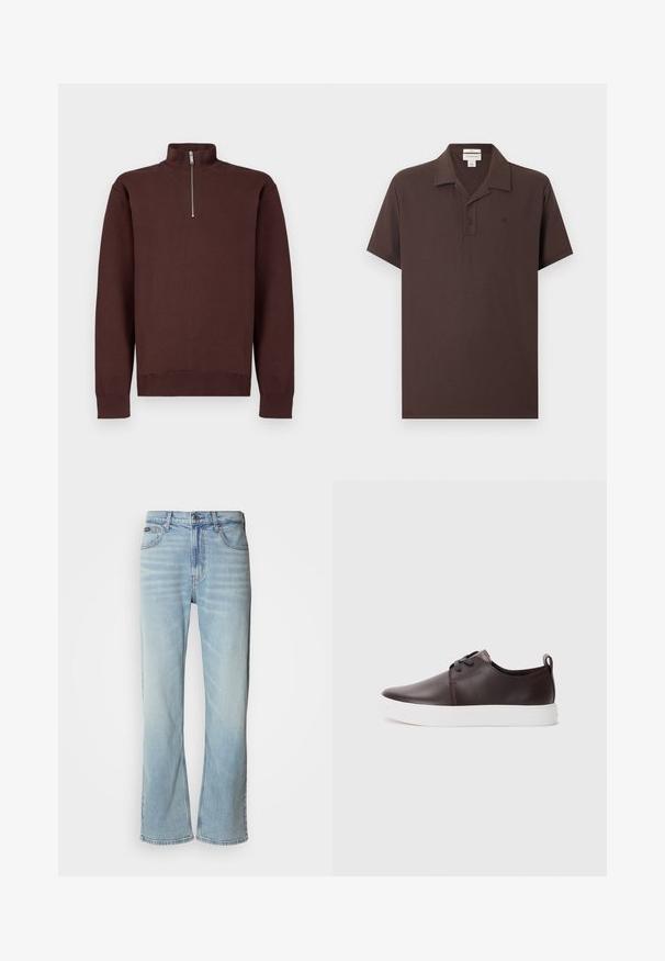 Bruine sweat met rits bij de hals en lange mouwen, gemaakt van zachte stof, met een subtiel logo op de borst en geribbelde boorden en zoom.; Donkerbruin poloshirt met korte mouwen, twee knopen, een omgeslagen kraag en een klein geborduurd logo op de linkerborst.; Lichtblauwe denim jeans met een rechte pijp, voorzien van vijf zakken, een knoopsluiting en subtiele vervaging op de stof.; Bruine leren sneakers met een gladde afwerking, witte rubberen zool, ronde neus en vetersluiting. Heeft een lus aan de hiel.