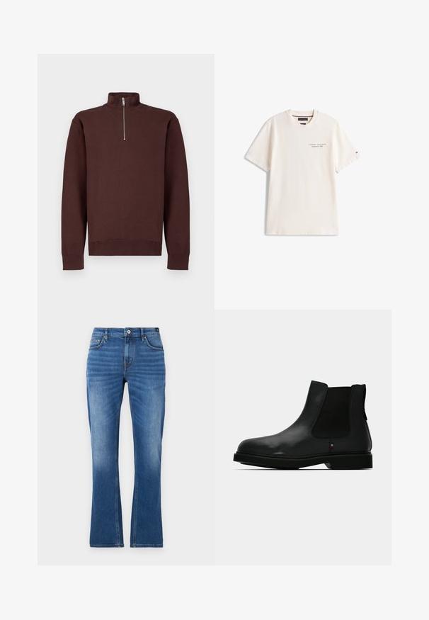 Brun sweatshirt med lynlås ved halsen og lange ærmer, lavet af blødt stof, med et diskret logo på brystet samt ribkanten ved ærmer og bund.; Cremefarvet bomulds t-shirt med rund hals, korte ærmer og et lille trykt logo på venstre bryst. Inkluderer kontrastfarvet ærmeaccent.; Mellemblå denim flared jeans. Har fem lommer, syede detaljer, knaplukning og en let falmet tekstur på benene.; Sort læder Chelsea-støvle med elastiske sidepaneler, rund tå og tekstureret overdel. Har en flad gummisål og diskret mærkedetalje.