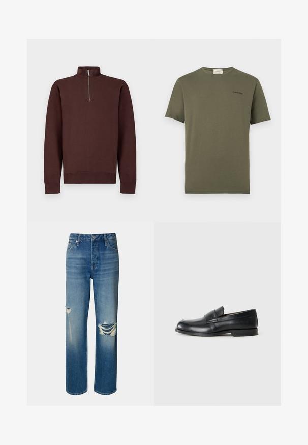Sudadera marrón con cierre de cremallera en el cuello y mangas largas, hecha de tela suave, con un logo discreto en el pecho y puños y dobladillo acanalados.; Camiseta de manga corta color verde oliva con cuello redondo y pequeño logo negro de Calvin Klein en el lado izquierdo del pecho.; Vaqueros de mezclilla azul claros con cintura alta, pierna recta y desgastes con roturas en ambas rodillas. Presenta un diseño clásico de cinco bolsillos y un cierre de botón.; Mocasines de cuero negro con punta redondeada, detalles cosidos y suela plana de goma. Presentan una banda ancha sobre el empeine.