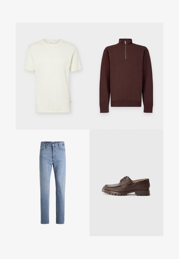Sweat-shirt marron à col zippé avec manches longues, fabriqué en tissu doux, avec un logo discret sur la poitrine, et des poignets et un bas côtelés.; Pull en tricot couleur crème à manches courtes avec des motifs torsadés verticaux subtils et un col rond.; Jean bleu clair à taille haute avec jambes droites, bouton à l'avant, fermeture éclair, passants pour ceinture, ainsi que poches avant et arrière.; Chaussure en cuir marron au design mocassin, avec un bout cousu, des œillets en métal et une semelle en caoutchouc épaisse avec un motif texturé.