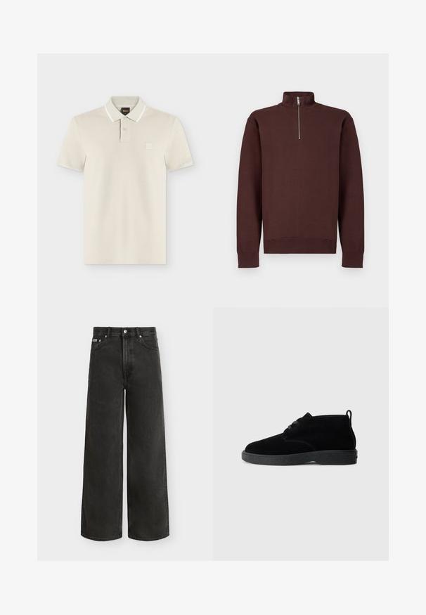 Sweat-shirt marron à col zippé avec manches longues, fabriqué en tissu doux, avec un logo discret sur la poitrine, et des poignets et un bas côtelés.; Polo beige clair à manches courtes avec deux boutons, une bordure blanche sur le col et un petit logo carré sur la poitrine.; Jean noir taille haute à jambes larges avec fermeture bouton et zip, poches avant et arrière, présenté sur fond blanc.; Bottines en suédine noire à bout rond, à lacets, avec une semelle en caoutchouc noire et une languette à l'arrière pour un enfilage facile.