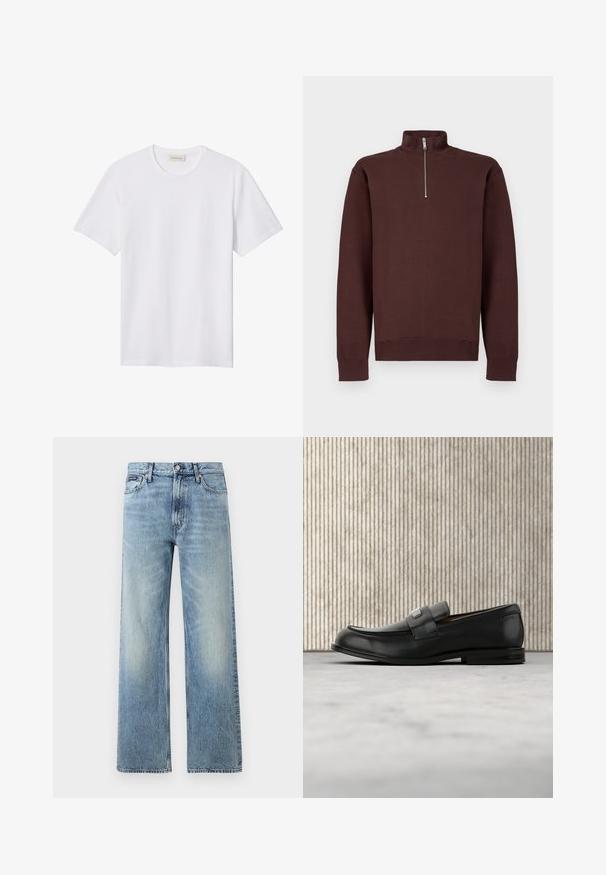 Bruine sweat met rits bij de hals en lange mouwen, gemaakt van zachte stof, met een subtiel logo op de borst en geribbelde boorden en zoom.; Effen wit T-shirt met korte mouwen en ronde hals, met een klein reliëflogo op de linkerborst en een merklabel binnenin de kraag.; Lichtblauwe denim jeans met rechte pijpen, een hoge taille, vijf zakken, knoopsluiting en subtiele vervaging op de dijen en knieën.; Zwarte leren loafer met een metalen merktekenplaatje, rustend bij een bruine ronde tafel op een beige tapijtvloer.