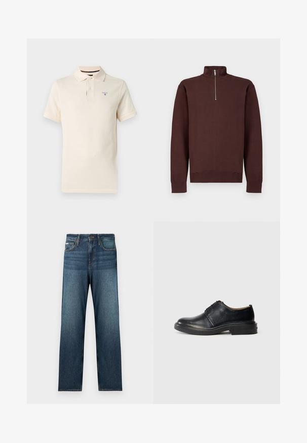 Sweat-shirt marron à col zippé avec manches longues, fabriqué en tissu doux, avec un logo discret sur la poitrine, et des poignets et un bas côtelés.; Polo crème à manches courtes avec deux boutons et logo Barbour brodé sur le côté gauche de la poitrine sur un fond uni.; Jean bleu foncé avec une coupe droite, un design à cinq poches et un léger effet délavé. Fabriqué en tissu denim avec des détails de couture classiques.; Chaussure oxford en cuir noir avec un bout rond, un laçage à l'avant et un petit talon empilé, sur fond clair.