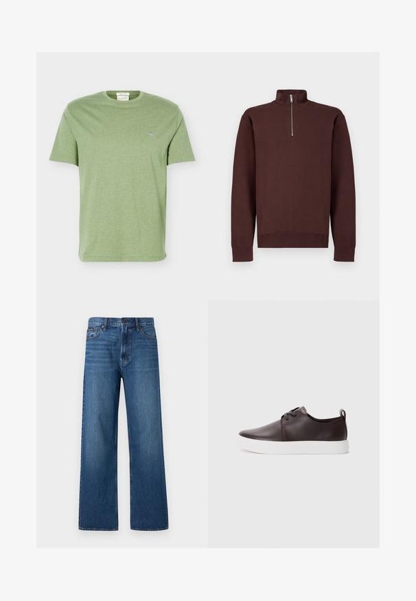 Sweat-shirt marron à col zippé avec manches longues, fabriqué en tissu doux, avec un logo discret sur la poitrine, et des poignets et un bas côtelés.; T-shirt en coton vert clair à manches courtes, col rond et petit logo brodé sur la poitrine gauche.; Jean bleu à taille haute et coupe droite, avec bouton et fermeture éclair à l'avant, cinq poches, et un petit patch de marque sur la poche droite.; Baskets en cuir marron avec une finition lisse, semelle en caoutchouc blanche, bout rond et design à lacets. Comprend une languette au niveau du talon.