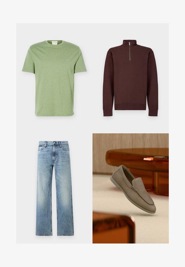 Sweat-shirt marron à col zippé avec manches longues, fabriqué en tissu doux, avec un logo discret sur la poitrine, et des poignets et un bas côtelés.; T-shirt en coton vert clair à manches courtes, col rond et petit logo brodé sur la poitrine gauche.; Jean droit en denim bleu clair avec taille haute, cinq poches, fermeture à boutons et léger délavage sur les cuisses et les genoux.; Mocassin beige en daim à enfiler avec coutures visibles et semelle claire, positionné au-dessus d'un tapis crème, avec un meuble translucide orange en arrière-plan.