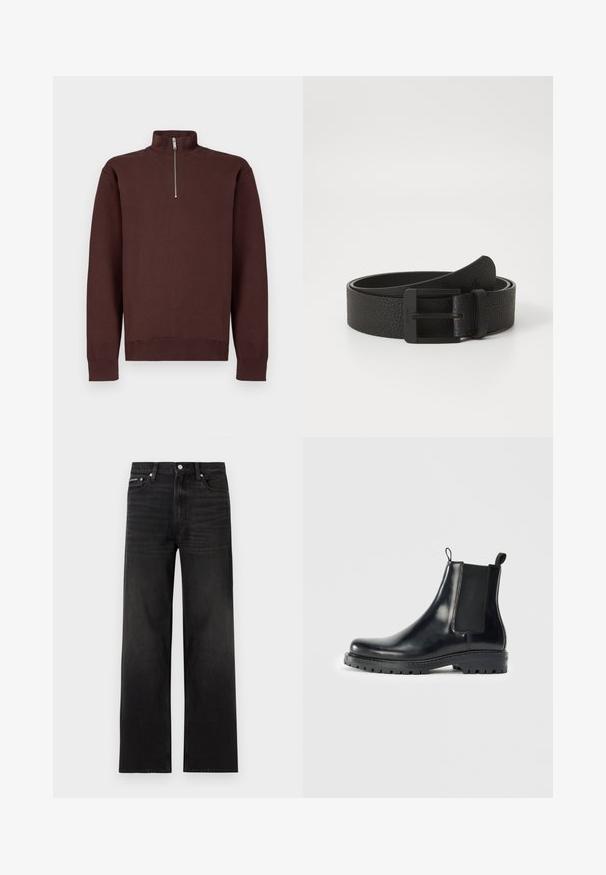 Brun sweatshirt med lynlås ved halsen og lange ærmer, lavet af blødt stof, med et diskret logo på brystet samt ribkanten ved ærmer og bund.; Sorte jeans med lige ben, fem-lomme design, bæltestropper og knaplukning, vist på en hvid baggrund.; Sorte læder Chelsea støvler med elastiske sidepaneler, en løkke for nem påtagning, og en robust gummisål med struktureret greb.; Sort læderbælte med tekstureret overflade, der har en mat sort metalspænde. Glatte kanter og et minimalistisk design.