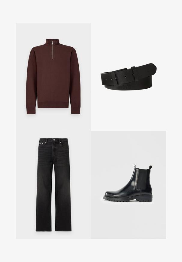 Brun sweatshirt med lynlås ved halsen og lange ærmer, lavet af blødt stof, med et diskret logo på brystet samt ribkanten ved ærmer og bund.; Sorte jeans med lige ben, fem-lomme design, bæltestropper og knaplukning, vist på en hvid baggrund.; Sorte læder Chelsea støvler med elastiske sidepaneler, en løkke for nem påtagning, og en robust gummisål med struktureret greb.; Sort tekstureret læderbælte rullet med sort rektangulært spænde og flere justeringshuller synlige mod hvid baggrund.