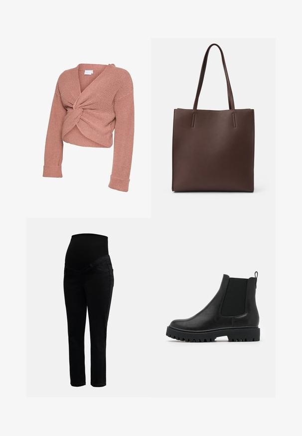 Pull en maille couleur rose poussière avec manches longues et un détail torsadé à l'avant créant un effet froncé et texturé.; Jeans de maternité noirs avec une taille haute extensible et des jambes slim, conçus pour le confort et le soutien pendant la grossesse.; Bottines Chelsea en cuir noir avec des panneaux élastiques sur les côtés, une languette arrière et une semelle épaisse et robuste avec des rainures profondes pour une meilleure adhérence.; Sac à main en cuir marron avec deux longues anses, présentant une forme rectangulaire, une texture lisse et un design minimaliste sans matériel supplémentaire.
