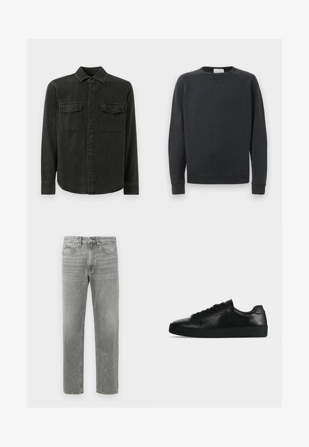 Sort langærmet crewneck sweatshirt med ribbede manchetter og kant, diskret V-syning under kraven og mærke etikette inden i halsudskæringen.; Mørkegrøn skjorte med knapper lavet af blødt stof, med krave, to brystlommer, lange ærmer og lige kant.; Grå denim jeans med lige ben, der har et klassisk fem-lomme-design og subtilt slid for tekstur. Standard lynlåslukning.; Sort lavtop lædersneaker med sorte snørebånd og en tyk sort sål, vist fra siden på en lysegrå baggrund.