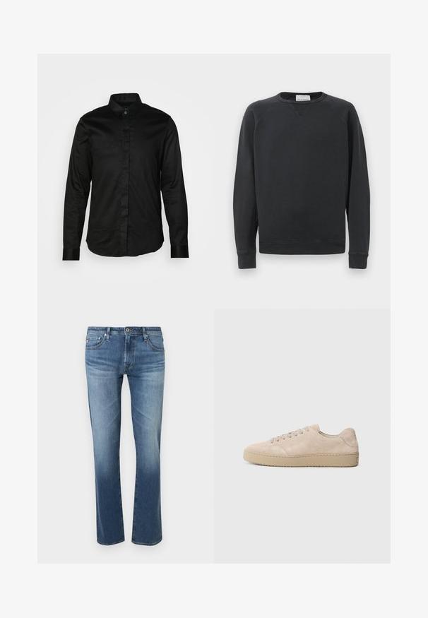 Sort langærmet crewneck sweatshirt med ribbede manchetter og kant, diskret V-syning under kraven og mærke etikette inden i halsudskæringen.; Sort langærmet skjorte fremstillet af glat stof, med krave, knaplukning foran og kontrasterende manchetter. Ingen synlige mønstre eller grafikker.; Mænds blå falmede jeans med lige ben, forrest med knap- og lynlås lukning, foran og bagpå lommer, vist på hvid baggrund.; Beige ruskinds sneaker med en rund tå, flade snørebånd og en tekstureret gummisål. Minimalistisk design med glatte kanter og diskret syning.