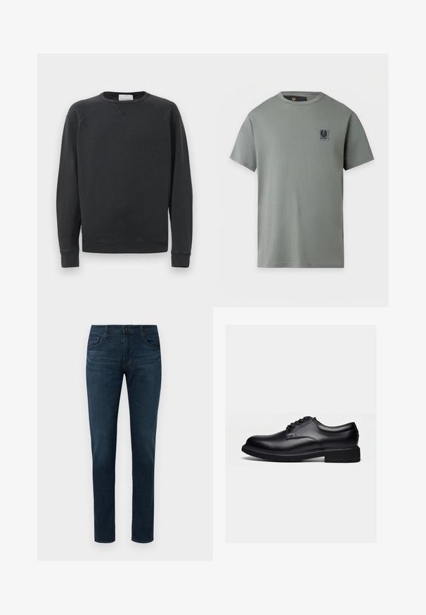 Zwarte lange mouw crewneck sweatshirt met geribbelde manchetten en onderrand, subtiele V-stiksel detail onder de kraag en merklabel aan de binnenkant van de hals.; Lichtgrijs T-shirt met korte mouwen en een ronde hals, met een kleine zwart-grijze rechthoekige logopatch op de linkerborst.; Donkerblauwe slim-fit jeans met vijf zakken, sluiting met een knoop aan de voorkant en ritssluiting, tentoongesteld tegen een witte achtergrond.; Zwarte gepolijste leren nette schoen met vetersluiting en dikke rubberen zool, gezien vanaf de zijkant op een effen lichte achtergrond.