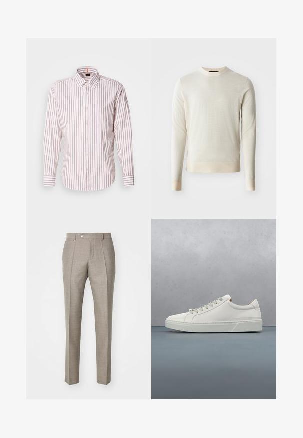 Pull en tricot beige clair avec des manches longues et un col rond. Tissu texturé avec une finition lisse, présentant un ourlet et des poignets côtelés.; Chemise à boutons rayée en blanc et rose clair. Présente un col, des manches longues et un petit logo sur la poitrine. Made en coton.; Pantalons taillés beiges avec une finition en relief, dotés d'une fermeture à bouton et de deux poches latérales. Design structuré avec une silhouette à jambe droite.; Baskets en cuir blanc avec un bout arrondi, design minimaliste, lacets gris et semelle en caoutchouc gris texturé. Détails de couture subtils visibles.