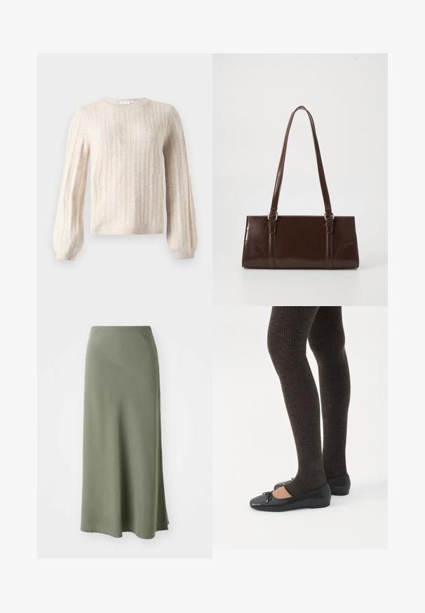 Πουλόβερ σε κρεμ απόχρωση πλεκτό με κόμπο (cable knit), με μακριά μπαλονάτα μανίκια, ριμπ μανσέτες και τελείωμα, με στρογγυλή λαιμόκοψη.; Ελιάς πράσινη, φούστα μέχρι το γόνατο κατασκευασμένη από μαλακό ύφασμα με ομαλή υφή και φαρδύ κόψιμο, διαθέτοντας πλάγιο άνοιγμα για ευκολία κινήσεων.; Πόδια με σκουρόχρωμα ριμπ κολάν συνδυασμένα με μαύρα μπαλαρίνα παπούτσια με μικρές λεπτομέρειες φιόγκων σε λευκό φόντο.; Καφέ πατεντωμένη δερμάτινη τσάντα σε ορθογώνιο σχήμα, με δύο μακριές λαβές και λεπτές καμπύλες λεπτομέρειες στο μπροστινό μέρος.