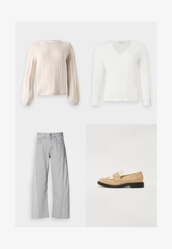 Πουλόβερ σε κρεμ απόχρωση πλεκτό με κόμπο (cable knit), με μακριά μπαλονάτα μανίκια, ριμπ μανσέτες και τελείωμα, με στρογγυλή λαιμόκοψη.; Λευκό ριμπ μακρυμάνικο μπλουζάκι με V-λαιμόκοψη και δαντελένια λεπτομέρεια γύρω από το γιακά, τοποθετημένο επίπεδα σε λευκό φόντο.; Ανοιχτό γκρίζες φαρδιές τζιν παντελόνες από ντένιμ. Διαθέτουν εφαρμοστό μέσο, πέντε τσέπες και καθαρό στρίφωμα με ελαφριές διαφορές υφής στις πλευρές.; Δερμάτινες μοκασίνες σε μπεζ απόχρωση με αντίθετο λευκό επάνω μέρος, διαθέτοντας λουρί και ασημένια αγκράφα, τοποθετημένες σε μαύρη επίπεδη σόλα.