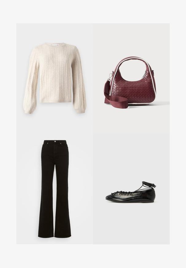 Pull en maille torsadée couleur crème avec de longues manches bouffantes et des poignets et un bas côtelés, doté d'un col rond.; Jean évasé noir taille haute en denim, avec une fermeture à bouton, des poches latérales et une texture lisse.; Ballerines en cuir verni noir avec un bout rond, un design à lacets et une semelle plate. Texture lisse avec peu de détails.; Sac à main en cuir tressé marron foncé avec poignée courbée, garniture blanche, fermeture éclair argentée et bandoulière large en tissu amovible sur fond uni.