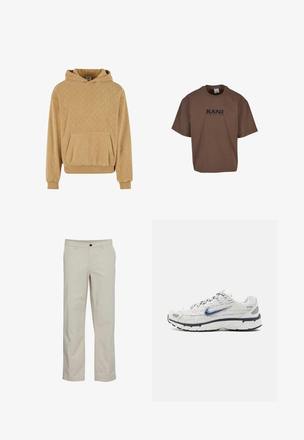 Sudadera con capucha en color beige claro, con un patrón texturizado, puños acanalados y un bolsillo frontal para almacenamiento. La tela suave aporta comodidad.; Camiseta marrón oversize de manga corta con cuello redondo y texto negro "KANI BROOKLYN" centrado en el frente.; Pantalones de algodón beige con diseño de pierna recta, bolsillos delanteros y cierre de un solo botón. Textura suave y detalles mínimos de costuras.; Nike Sportswear P 6000 UNISEX - Zapatillas - phantom/obsidian/summit white/white/black/metallic silver
