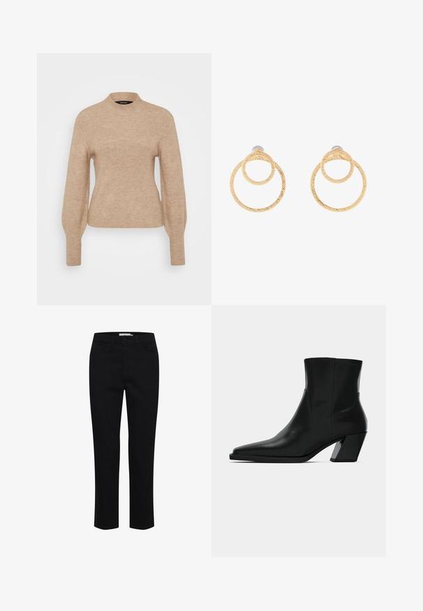 Beige ribbet sweater med høj krave og lange ærmer, der har en blød tekstur og tætsiddende pasform. Stoffet ser let og varmt ud.; Sorte bomuldsbukser designet med lige pasform. Har fem lommer og en frontknaplukning. Glat tekstur, minimale syninger.; Sortlæder ankelstøvle med spids tå, en slank silhuet og en kraftig firkantet hæl. Glat tekstur med minimale stikninger.; Guldfarvede hoopsøreringe med to sammenkoblede cirkler og en struktureret overflade. Designet med en glat og sikker bagbeklædning.