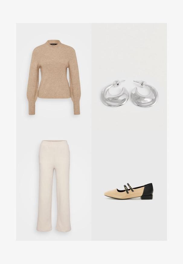 Beige ribbet sweater med høj krave og lange ærmer, der har en blød tekstur og tætsiddende pasform. Stoffet ser let og varmt ud.; Beige sweatpants med et bredt ben-design, lavet af blødt materiale. Har en elastisk talje og detaljer ved sidesømmene. Glat tekstur.; Beige læder flad sko med spids tå, sort hæl og to sorte remme henover. Enkel design med en mat tekstur.; Et par polerede sølv halvmåneformede hoop øreringe med klare plastikbagsider på en hvid overflade.