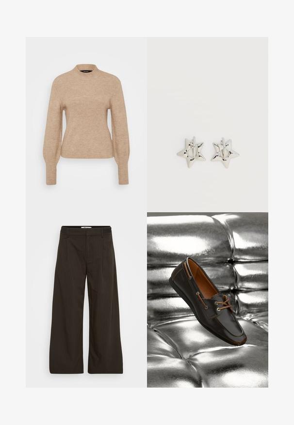 Beige ribbet sweater med høj krave og lange ærmer, der har en blød tekstur og tætsiddende pasform. Stoffet ser let og varmt ud.; Mørkebrune brede benbukser med tynde lodrette striber, bæltesløjfer og frontlynlås.; Brun læder loafers med tan detaljer og metalliske øjer, med en rund tå og glat overflade, sat mod en skinnende sølvbaggrund.; Sølv stjerneformede øreringe med en glat, poleret finish på en ensfarvet hvid baggrund.