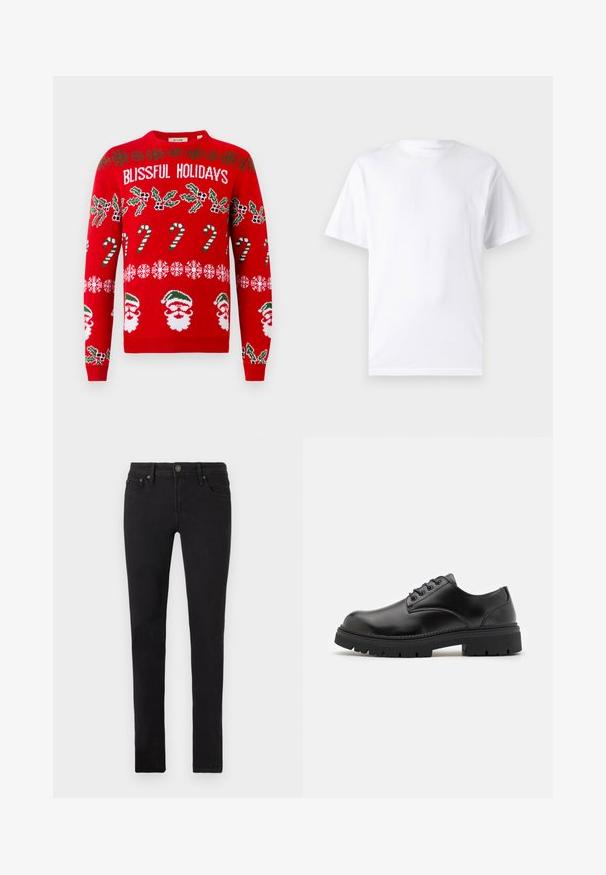 Roter Strickpullover mit dem Text "SEELIGE FEIERTAGE", grüner Stechpalme, Zuckerstangen, Schneeflocken und Santa-Gesichtern in weißen und grünen Akzenten.; Weißes kurzärmeliges T-Shirt aus Baumwolle mit Rundhalsausschnitt, das eine glatte Textur und ein einfaches Design ohne Muster oder Akzente aufweist.; Schwarze Slim-Fit-Jeans mit fünf Taschen, Knopfverschluss und Gürtelschlaufen, flach auf einem weißen Hintergrund präsentiert.; Schwarze Lederschuhe mit runder Zehenform, Schnürdesign und einer dicken, strukturierten Gummisohle. Sie verfügen über eine Naht entlang des Randes und haben eine glatte Oberfläche.
