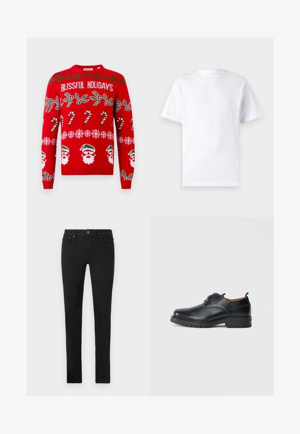 Rode gebreide trui met de tekst "BLISSFUL HOLIDAYS", groene hulst, zuurstokken, sneeuwvlokken en kerstmannetjes in witte en groene accenten.; Witte T-shirt met korte mouwen, gemaakt van katoen, met een ronde hals. Het heeft een gladde textuur en een eenvoudig ontwerp zonder patronen of accenten.; Zwarte slim-fit jeans met vijf zakken, knoopsluiting en riemlussen, plat weergegeven op een witte achtergrond.; Zwarte leren derby schoenen met een gladde textuur, ronde neus, vetersluiting en een dikke, robuuste rubberen zool.