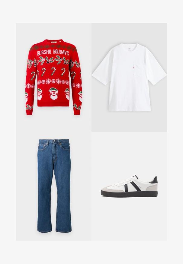 Rode gebreide trui met de tekst "BLISSFUL HOLIDAYS", groene hulst, zuurstokken, sneeuwvlokken en kerstmannetjes in witte en groene accenten.; Wit katoenen T-shirt met korte mouwen, ronde hals en een borstzak aan de linkerkant. Heeft een klein rood logotagje op de zak.; Blauwe rechttoe rechtaan denim jeans met voorzijde knoop en rits, vijf zakken en oranje stiksel details op een effen achtergrond.; Witte sneaker met zwarte en grijze accenten, voorzien van een grijze neus met textuur, zwarte rubberen zool en platte witte veters. Schoon ontwerp, minimalistische stijl.