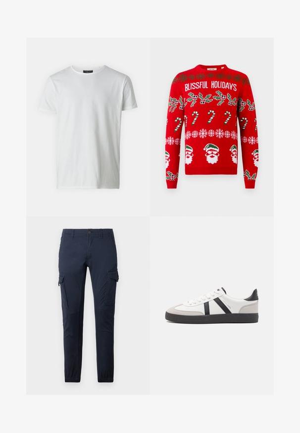 Roter Strickpullover mit dem Text "SEELIGE FEIERTAGE", grüner Stechpalme, Zuckerstangen, Schneeflocken und Santa-Gesichtern in weißen und grünen Akzenten.; Weißes T-Shirt mit kurzen Ärmeln und Rundhalsausschnitt aus Baumwolle mit glatter Textur. Verfügt über ein Etikett am Kragen. Einfaches, schlichtes Design.; Marine Cargo-Hosen aus strapazierfähigem Material, mit mehreren Taschen, einem Bund mit Knopf und elastischen Bündchen an den Knöcheln.; Weiße Sneaker mit schwarz- und grau-aczenten, ausgestattet mit einer strukturierten grauen Zehenkappe, schwarzer Gummi-Sohle und flachen weißen Schnürsenkeln. Sauberes Design, minimalistische Stil.