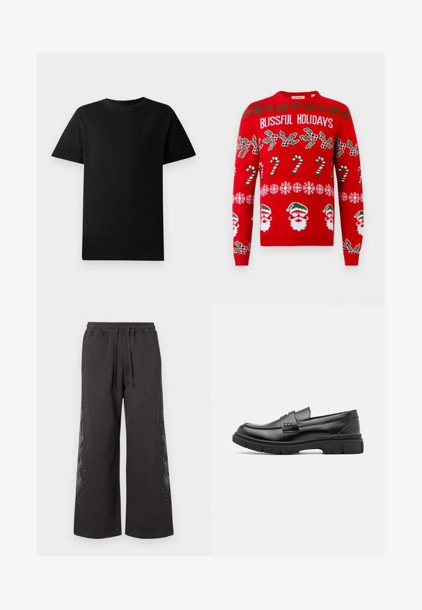 Pull en tricot rouge arborant le texte "HOLIDAYS BLISSFUL", du houx vert, des cannes en sucre, des flocons de neige et des visages de Père Noël en accents blancs et verts.; T-shirt en coton noir uni à manches courtes et col ras du cou, posé à plat sur un fond blanc.; Pantalons de survêtement larges noirs avec une taille élastique, présentant un motif de flamme sur le côté en gris, agrémenté de petits strass.; Mocassin en cuir noir avec une large sangle sur le devant, semelle en caoutchouc à épaisse rainure, et texture lisse. Design classique et élégant.