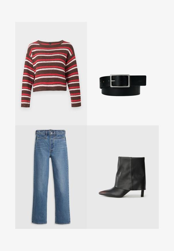 Brun strikket langærmet sweater med vandrette røde, pink og hvide striber og rund halsudskæring.; Lys blå, lige ben jeans lavet af denim. Funktioner inkluderer en knaplukning, fem lommer og diskret slid. Ingen udsmykninger eller mønstre.; Sort ankelstøvle lavet af glat læder med spids tå og tilspidset hæl. Overdelen har et let rynket design.; Sort læderbælte med sølv rektangulært spænde og flere justeringshuller, lagt fladt på en hvid baggrund.