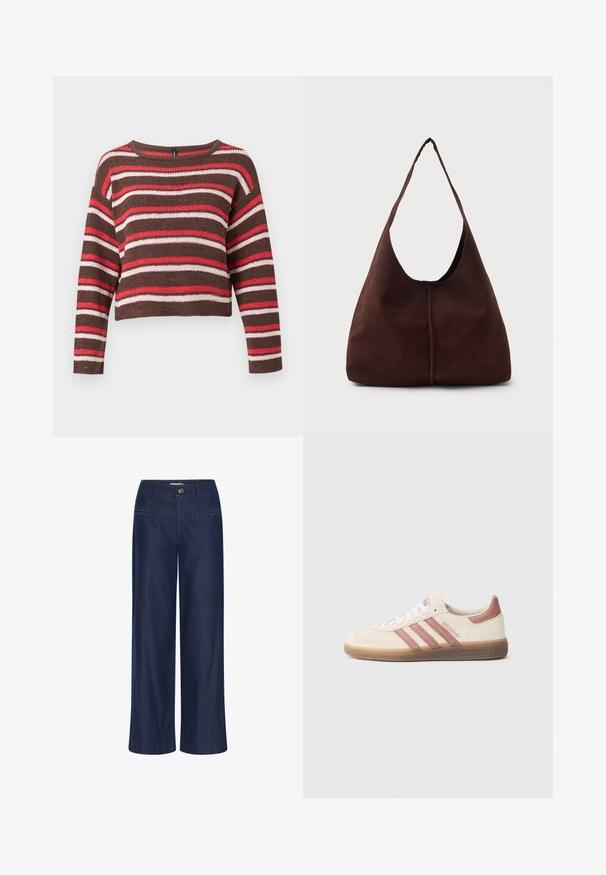 Bruine gebreide trui met lange mouwen met horizontale rode, roze en witte strepen en een ronde hals.; ICHI IHFlared - Flared Jeans - dark blue; Beige suède sneaker met roze accenten, drie roze strepen, witte veters en een doorzichtige bruine zool. "Spezial" branding aan de zijkant.; Bruine suède hobo tas met een grote, gebogen opening en een brede schouderband. Heeft een centrale naad aan de voorkant. Glad van structuur.