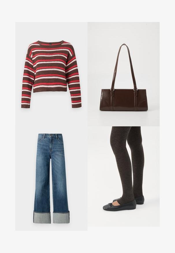 Brun strikket langærmet sweater med vandrette røde, pink og hvide striber og rund halsudskæring.; Lee STELLA - Wide leg - richter; Ben iført mørke ribbede leggings kombineret med sorte balletsko med små sløjfedetaljer på hvid baggrund.; Brun lakeret håndtaske med rektangulær form, to lange håndtag og subtile buede detaljer på fronten.