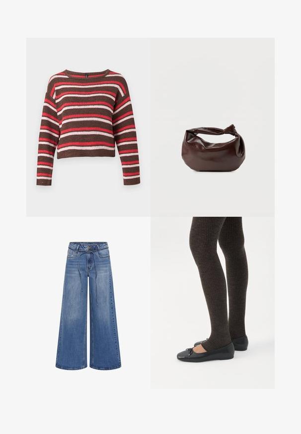 Hnedý pletený sveter s dlhým rukávom s horizontálnymi červenými, ružovými a bielymi pruhmi a okrúhlym výstrihom.; My Essential Wardrobe MWKARO 144 MID XWIDE - Široké nohavice - medium blue wash; Nohy v tmavých pásikavých legínach v kombinácii s čiernymi balerínkami s malými mašličkami na bielom pozadí.; Tmavohnedá kožená kabelka cez rameno s mäkkým, voľným tvarom a držadlom v podobe skrúteného uzla na jednoduchom bielom pozadí.