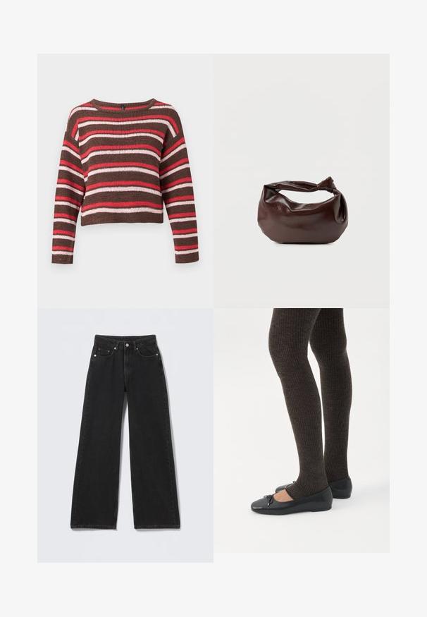 Brun strikket langærmet sweater med vandrette røde, pink og hvide striber og rund halsudskæring.; Sorte højttaljede bredbenede jeans med knap- og lynlåslukning foran, bæltestropper og fem forlommer på en lys baggrund.; Ben iført mørke ribbede leggings kombineret med sorte balletsko med små sløjfedetaljer på hvid baggrund.; Mørkebrun læder skuldertaske med en blød, afslappet form og et snoet knudehåndtag på en ensartet hvid baggrund.
