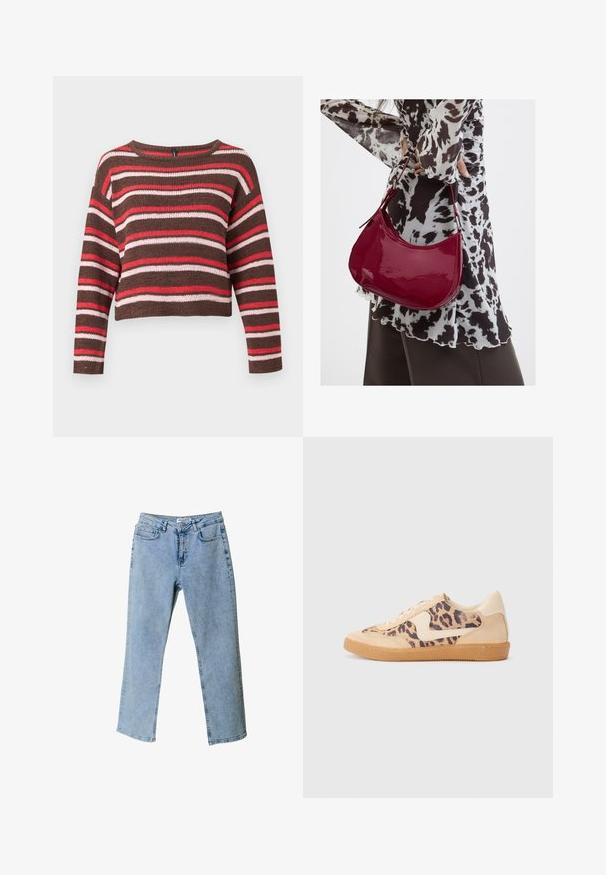 Brun strikket langærmet sweater med vandrette røde, pink og hvide striber og rund halsudskæring.; Lyseblå denim jeans med lige ben design, fem-lomme stil og en taljebranding. Har lysnede områder for tekstur.; Leopardprint sneakers med beige ruskindsoverdel, tan gummisål og hvide detaljer. Rund pegefinger og snørebåndsdesign med en tekstureret finish.; Kvinde iført en sort- og hvidmønstret bluse, der holder en blank rød skuldertaske mod en ensfarvet baggrund.
