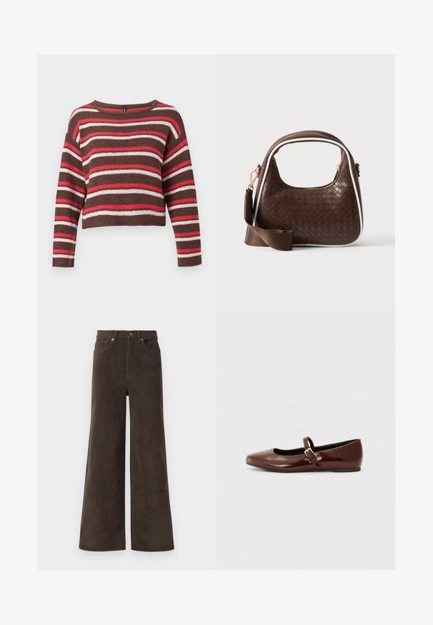 Bruine gebreide trui met lange mouwen met horizontale rode, roze en witte strepen en een ronde hals.; Donkerbruine wijde corduroy broek met voorzakken, riemlussen en een knoopsluiting in de taille.; Bruine gepatineerde leren balletschoen met een vierkante neus en een bandje met een kleine gouden gesp. Gladde textuur, lage hak en minimalistisch ontwerp.; Bruine geweven leren handtas met witte bies, gouden ritssluiting en afneembare bruine stoffen schouderriem.