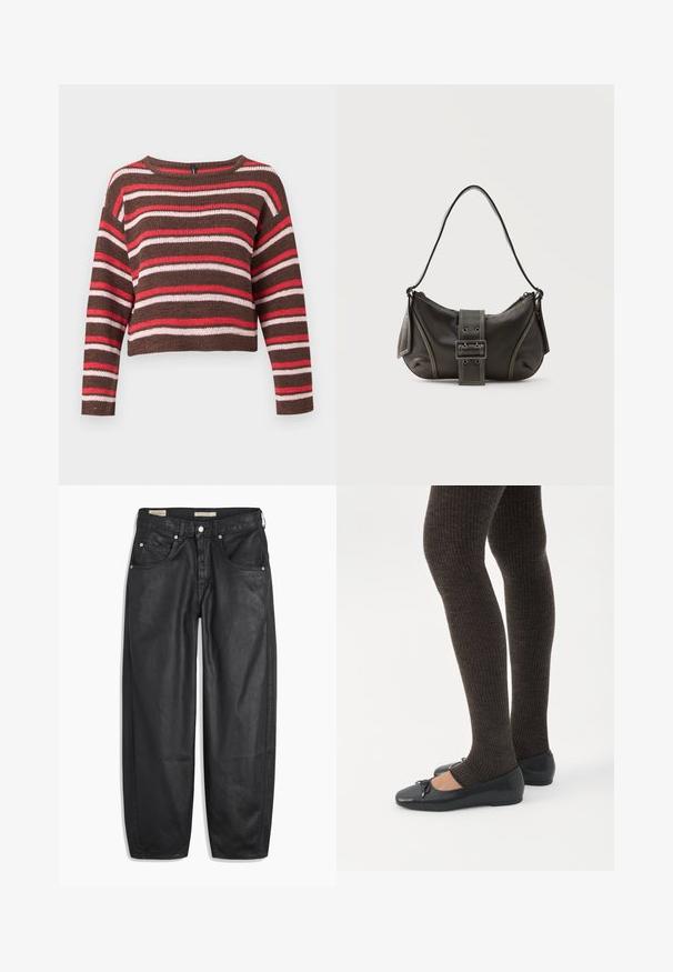 Pull marron tricoté à manches longues avec des rayures horizontales rouges, roses et blanches et un col rond.; Jean en denim noir avec une coupe large, dotés de poches avant, d'une fermeture à bouton et d'une texture lisse. Le tissu semble robuste.; Jambes portant des leggings côtelés foncés associés à des ballerines noires avec de petits détails en nœud sur fond blanc.; Sac à épaule en cuir noir avec une sangle à boucle, des bords arrondis et des coutures blanches contrastées sur un fond uni.