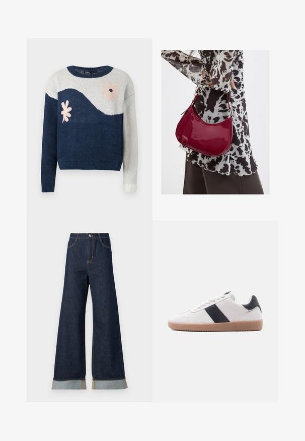 Pull en tricot bleu marine et gris clair avec motif en vagues, design floral en rose et noir, col rond, poignets et ourlet côtelés.; Jean en denim foncé à jambes larges avec des coutures orange, présentant une taille haute, deux poches avant et des ourlets retroussés mettant en valeur un tissu contrastant bleu clair.; Baskets en daim blanc avec semelle en caoutchouc marron clair et bande en cuir noir ainsi que un onglet au talon, vues de côté sur un fond blanc.; Femme portant un chemisier à motif noir et blanc tenant un sac à main rouge brillant sur un fond uni.