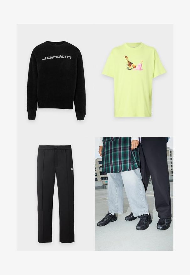 Zwart pluizige trui met ronde hals en geribbelde manchetten. Heeft een grijs "Jordan"-logo aan de voorkant. Zachte textuur en ontspannen pasvorm.; Limoengroene katoenen T-shirt met een afbeelding van een vogel en een roze ijsje, met een eenvoudige ronde hals en korte mouwen.; Zwarte broek van gladde stof, met een knoopsluiting, zijzakken en een klein logo aan de voorkant. Rechte pijpen.; Zwarte sportieve schoenen met mesh- en rubberaccenten. Draagt een lichtgrijze wijde spijkerbroek en een groen geruit shirt. Effen achtergrond.