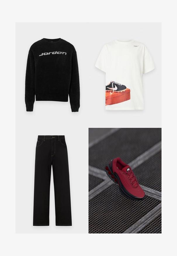 Suéter negro y peludo con cuello redondo y puños acanalados. Presenta un logo gris de "Jordan" en la parte frontal. Textura suave y ajuste relajado.; Camiseta blanca de manga corta con un dibujo impreso de una bota de fútbol negra de Nike sobre una caja de zapatos roja gastada cerca del dobladillo y un pequeño logo cerca del escote.; Pantalones de mezclilla negros con corte recto, que cuentan con bolsillos frontales, costuras amarillas en contraste y un cierre de botón en la cintura.; Zapatilla roja con un upper texturizado, que presenta acentos en negro y un diseño de suela con un prominente sistema de amortiguación de aire. Los cordones y el logo son visibles en la parte superior.