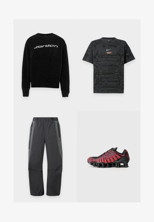 Schwarzer, flauschiger Pullover mit rundem Ausschnitt und gerippten Bündchen. Mit einem grauen "Jordan"-Logo auf der Vorderseite. Weiche Textur und entspannte Passform.; Schwarzes T-Shirt mit einem strukturierten Muster, versehen mit einem kleinen Nike-Logo in Hellblau und einem rechteckigen Logopatch in kontrastierenden Farben.; Dunkelgraue und schwarze Wanderschuhe mit elastischem Bund und seitlichen Reißverschlusstaschen, speziell für Outdoor-Aktivitäten entwickelt.; Schwarze und rote Sportschuhe verfügen über ein Mesh-Obermaterial mit vertikalen Streifen und einem gepolsterten Kragen, unterstützt von einer markanten, segmentierten Sohle.