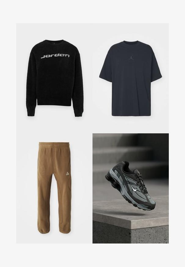 Schwarzer, flauschiger Pullover mit rundem Ausschnitt und gerippten Bündchen. Mit einem grauen "Jordan"-Logo auf der Vorderseite. Weiche Textur und entspannte Passform.; Schwarzes Baumwoll-T-Shirt mit lockerem Schnitt, rundem Hals, kurzen Ärmeln, mit einem dezenten Logo und dem Text "AIR" über dem Logo in der Mitte.; Braune Fleece-Hosen mit lockerer Passform, ausgestattet mit schmal zulaufendem Bein, elastischem Bund und dezenten Steppdetails. Logo an der linken Oberschenkelvorderseite.; Grauer und schwarzer Sportschuh mit Netzpaneelen und dicker Sohle, schwebend in der Luft über einer Betonmauer mit Treppen im Hintergrund.