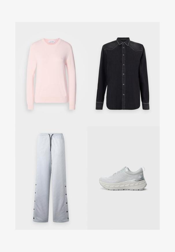 Lichtroze gebreide trui met een ronde hals, lange mouwen en geribde manchetten. Bevat een klein geborduurd logo op de borst. Zachte textuur.; Replay SHIRT - Overhemdblouse - black; Lichtgrijze trainingsbroek met een glanzende textuur, voorzien van een elastische tailleband, zwarte koord en drukknoopjes langs de zijnaad.; Grijze gebreide sneaker met gestructureerd bovenwerk, zilveren accenten, dikke witte tussenzool en gestructureerd rubberen loopvlak. Voorzien van een trek lus aan de hiel.