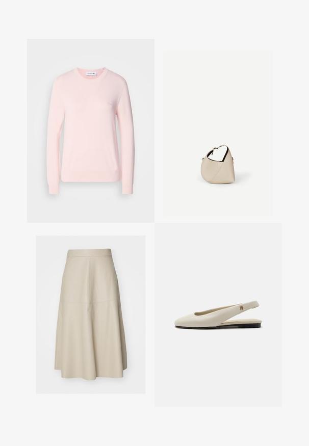 Lichtroze gebreide trui met een ronde hals, lange mouwen en geribde manchetten. Bevat een klein geborduurd logo op de borst. Zachte textuur.; Beige A-lijn midi-rok met zichtbare naaddetails en een aansluitende tailleband, gemaakt van glad leerachtig materiaal.; Crèmekleurige leren slingback platte schoen met ronde neus en klein gouden embleem op het bandje.; Beige leren handtas in halvemaanvorm met een enkele schouderband en minimale stiksels, afgebeeld tegen een effen witte achtergrond.