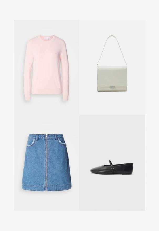 Lichtroze gebreide trui met een ronde hals, lange mouwen en geribde manchetten. Bevat een klein geborduurd logo op de borst. Zachte textuur.; Lichtblauwe denim rok met een voorrits, rafelige zakranden en een rechte snit. De onderkant heeft een licht gebogen lijn.; Zwarte leren balletschoenen met een spitse neus, platte zool en een kleine strap met een zilveren gespsluiting.; Calvin Klein ARCHIVE SHOULDER BAG SHINY - Handtas - ecru