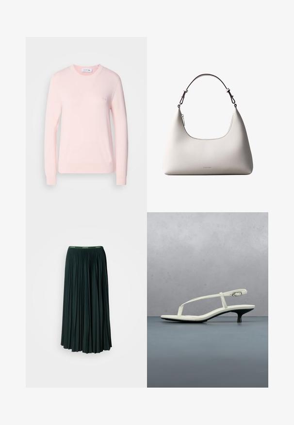 Lys pink strikket sweater med rund hals, lange ærmer og ribbede manchetter. Har et lille broderet logo på brystet. Blød tekstur.; Lang, plisseret nederdel i mørkegrøn med en bred talje, der har brandnavnet "LACOSTE" i kontrasterende grøn skrift.; Hvid sandal med stropper og kitten-hæl med spids tå, svævende over et trægulv udendørs med en sløret plante og væg i baggrunden.; Cremefarvet skuldertaske i læder fra Calvin Klein med buet topkant, sølvfarvet lynlås og mørkebrun justerbar rem.