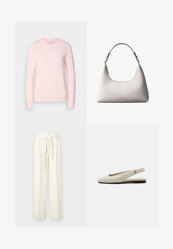 Lys pink strikket sweater med rund hals, lange ærmer og ribbede manchetter. Har et lille broderet logo på brystet. Blød tekstur.; Kremfarvede vidde bukser med bæltestrop. Fremstillet af blødt stof, med folder og en glat overflade uden mønstre.; Flatsko i cremefarvet læder med rundet tå og lille guldemblem på remmen.; Cremefarvet skuldertaske i læder fra Calvin Klein med buet topkant, sølvfarvet lynlås og mørkebrun justerbar rem.