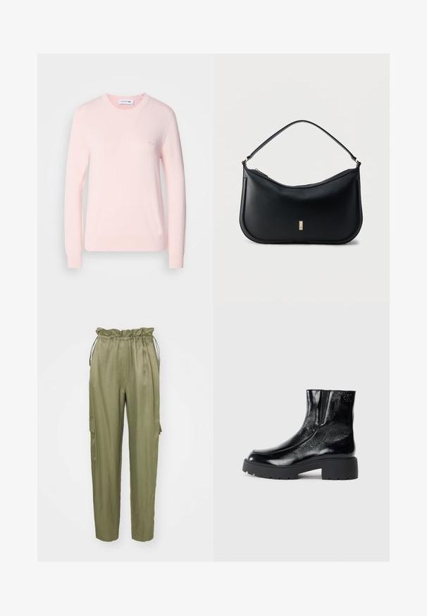 Lys pink strikket sweater med rund hals, lange ærmer og ribbede manchetter. Har et lille broderet logo på brystet. Blød tekstur.; Oliven grønne cargo bukser med elastisk talje og snøre, tætsiddende ben og en sidelomme. Glat stof med en mat overflade.; Sorte ankelstøvler med en blank patentlæderfinish, chunky sort gummisål og hævet hæl; inkluderer subtilt logodetalje på siden.; Sort skuldertaske i læder med en enkelt strop, minimalistisk design, buet bund og en lille gylden rektangulær logoplade foran.